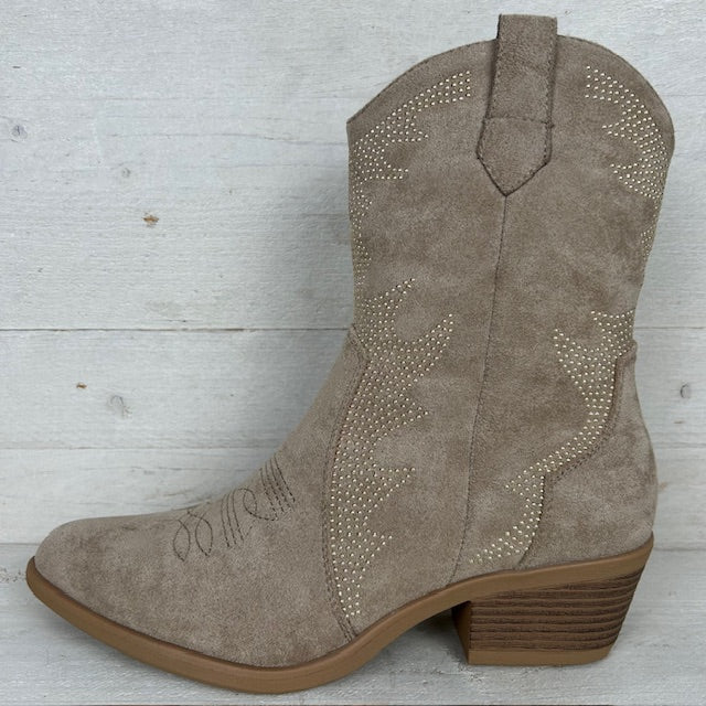 Suèdine cowboylaarsje met metallic afwerking khaki