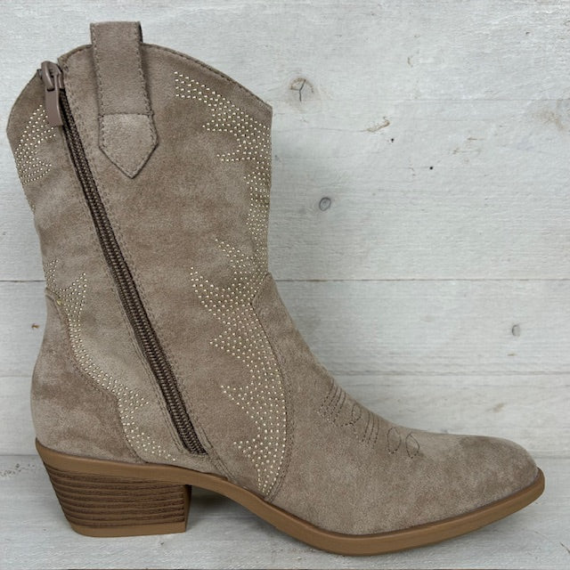 Suèdine cowboylaarsje met metallic afwerking khaki