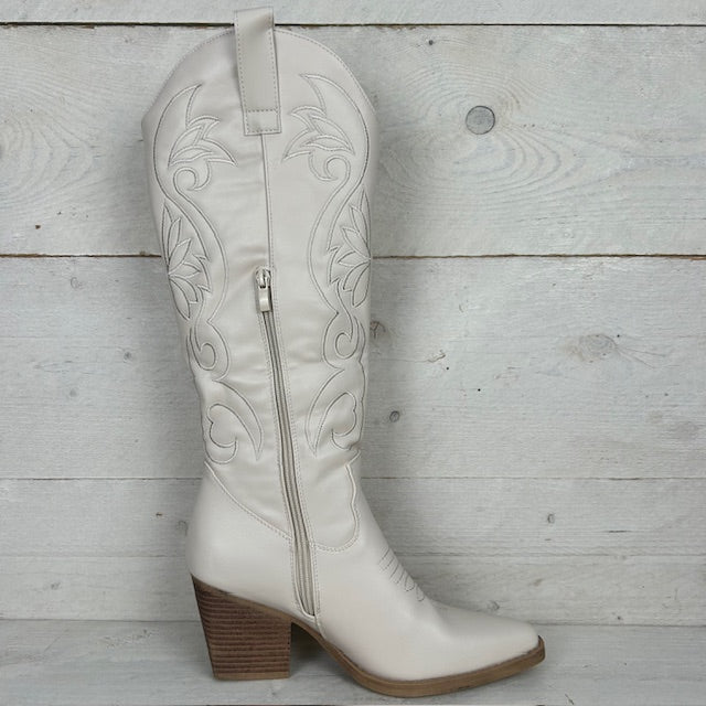 Hoge leatherlook cowboylaars met gaaf design beige