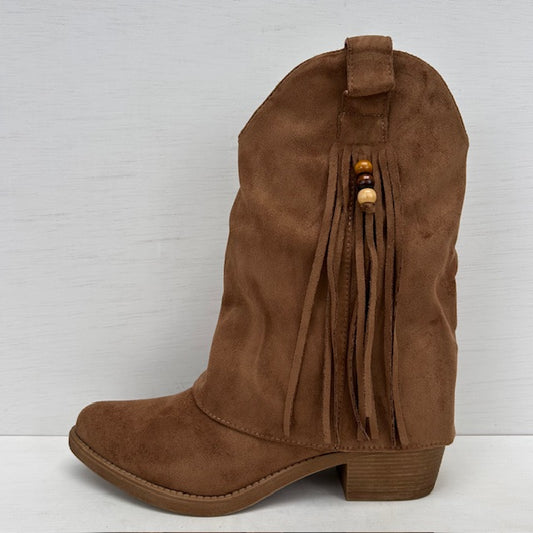 Suèdine cowboylaarzen met flap en franjes camel