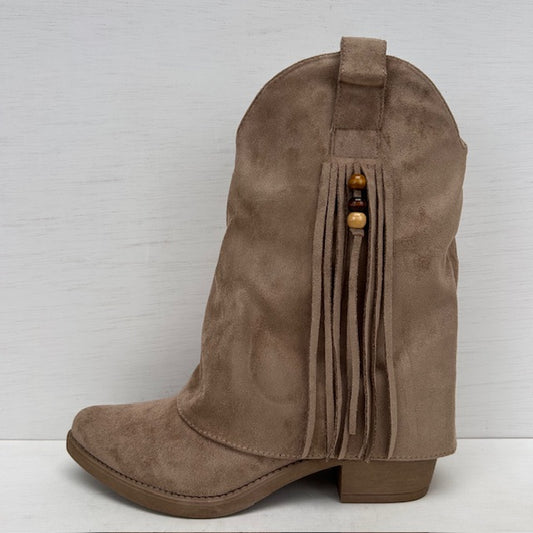 Suèdine cowboylaarzen met flap en franjes khaki
