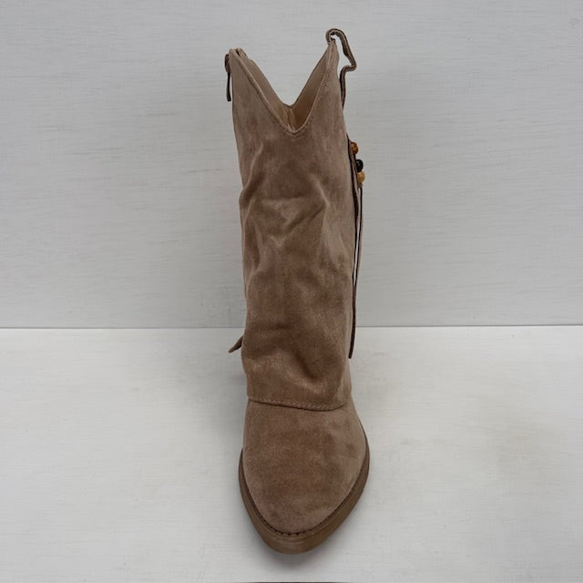 Suèdine cowboylaarzen met flap en franjes khaki