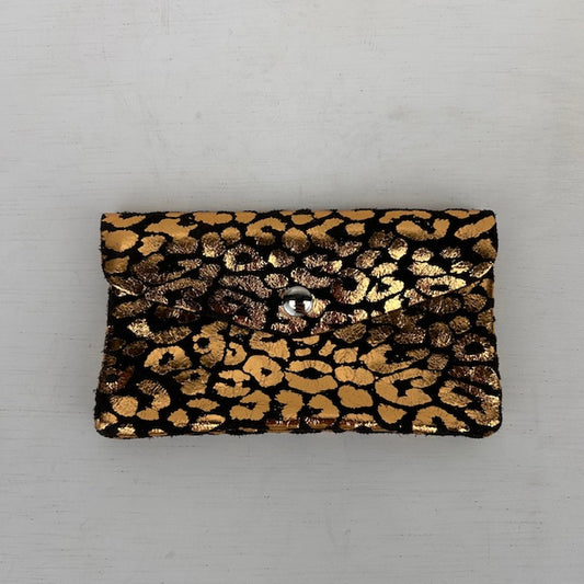 Real leather panter portemonnee zwart brons