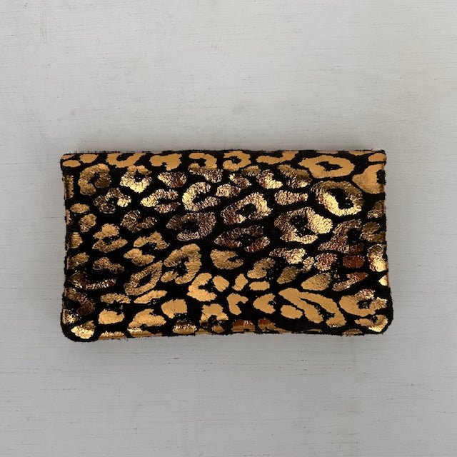 Real leather panter portemonnee zwart brons