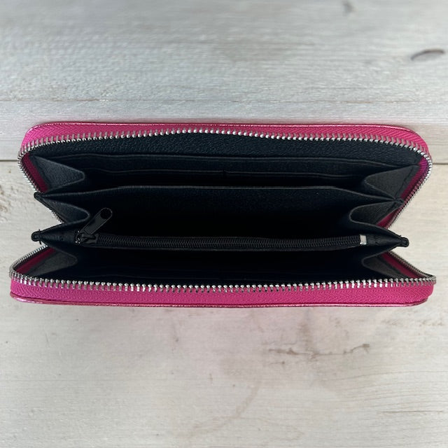 Real leather portemonnee met rits metallic roze