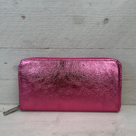 Real leather portemonnee met rits metallic roze