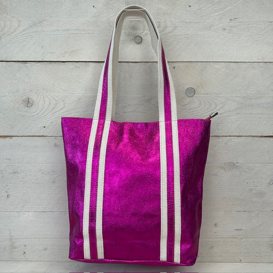 Real leather shopper met leuke band fuchsia