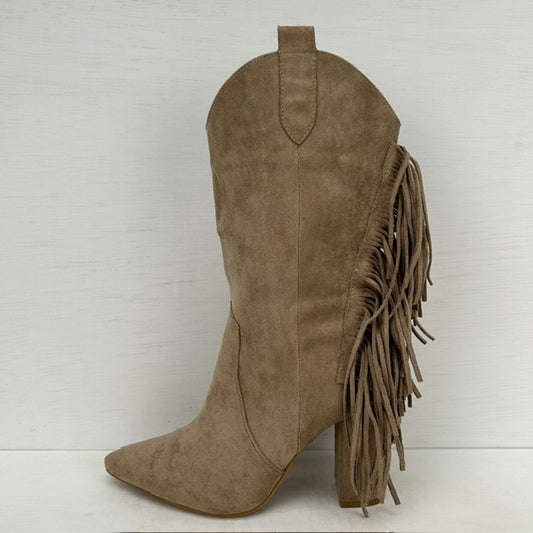 Suèdine cowboylaarzen met franjes en hoge hak khaki