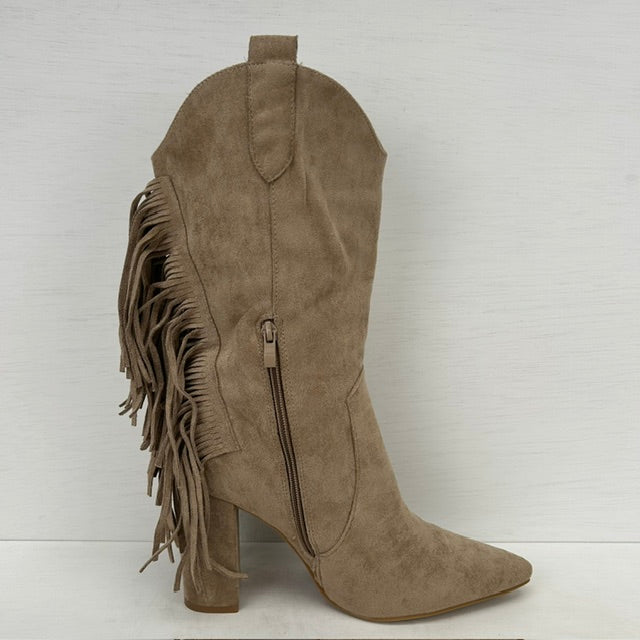 Suèdine cowboylaarzen met franjes en hoge hak khaki