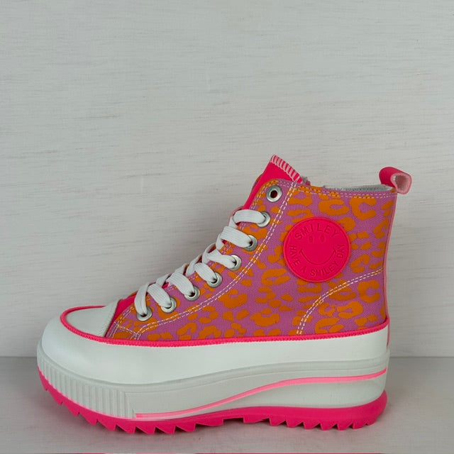Smiley sneakers met hoge zool panter fuchsia