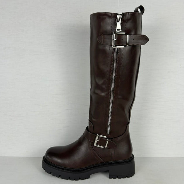 Stoere leatherlook laarzen met rits en gespjes bruin