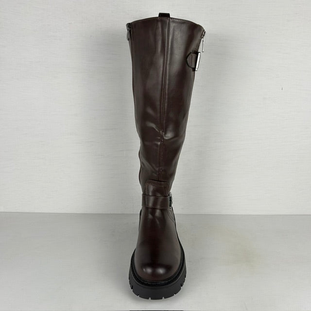 Stoere leatherlook laarzen met rits en gespjes bruin