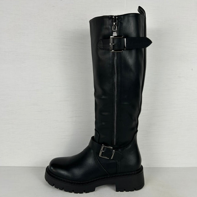 Stoere leatherlook laarzen met rits en gespjes zwart
