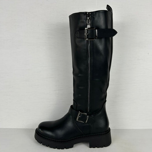 Stoere leatherlook laarzen met rits en gespjes zwart