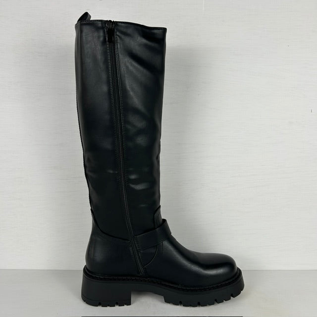 Stoere leatherlook laarzen met rits en gespjes zwart