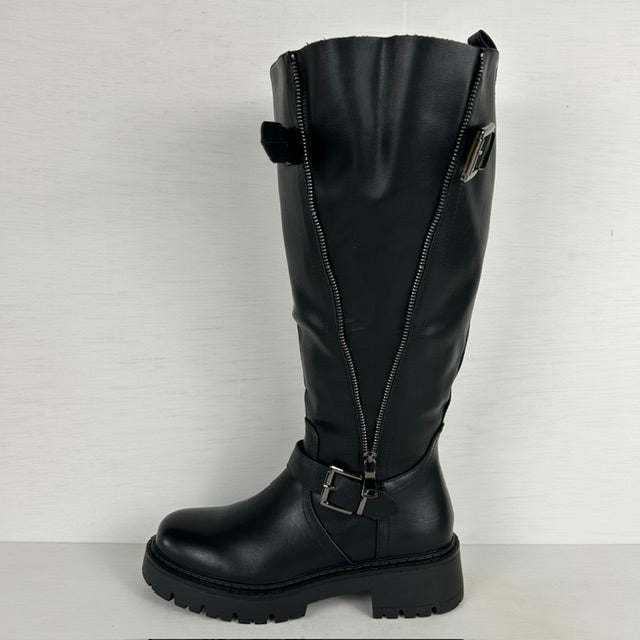 Stoere leatherlook laarzen met rits en gespjes zwart