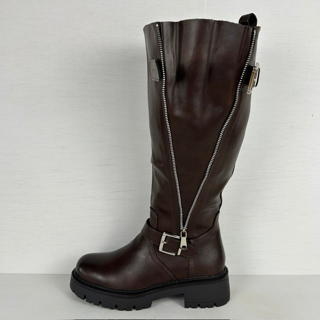 Stoere leatherlook laarzen met rits en gespjes bruin