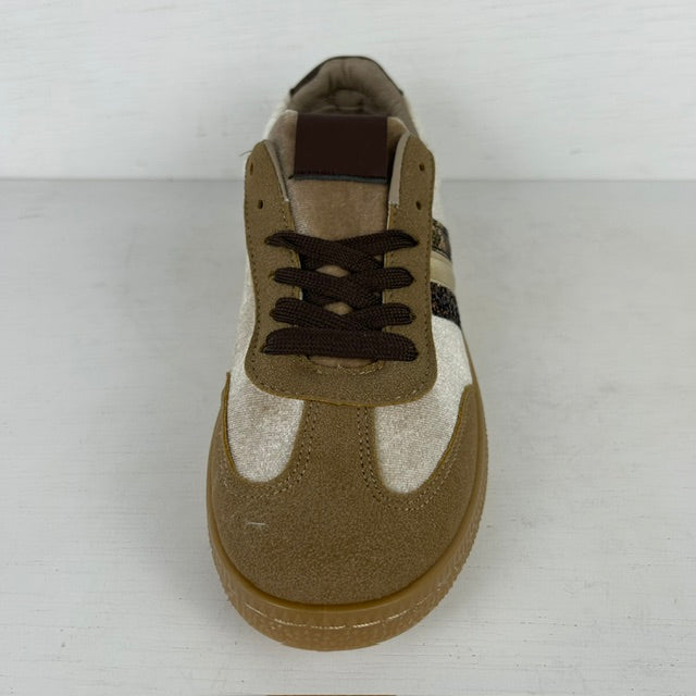 Leuke retro sneakers met strepen taupe