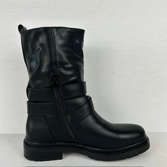 Stoere leatherlook laarzen met gespje zwart