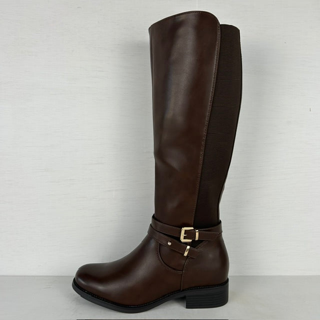 Hoge leatherlook laarzen met elastiek bruin (verkrijgbaar t/m maat 43)