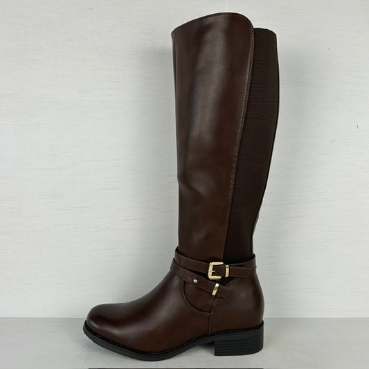 Hoge leatherlook laarzen met elastiek bruin (verkrijgbaar t/m maat 43)