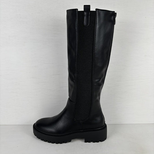 Stoere hoge leatherlook boots met elastiek zwart