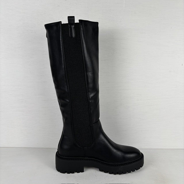 Stoere hoge leatherlook boots met elastiek zwart