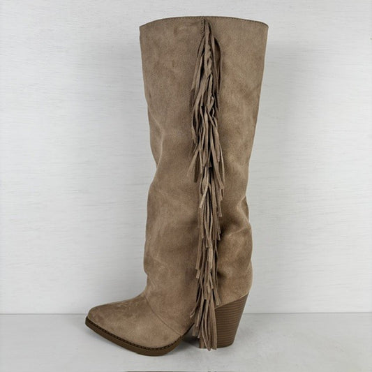 Suèdine cowboylaarzen met franjes en hoge hak khaki
