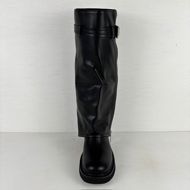 Stoere hoge leatherlook boots met gesp en rits zwart