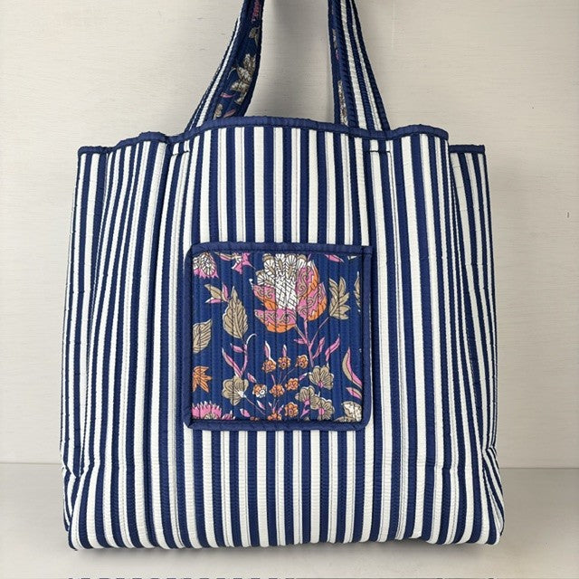 Reversible shopper bloemenprint & blauwe strepen