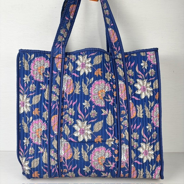 Reversible shopper bloemenprint & blauwe strepen