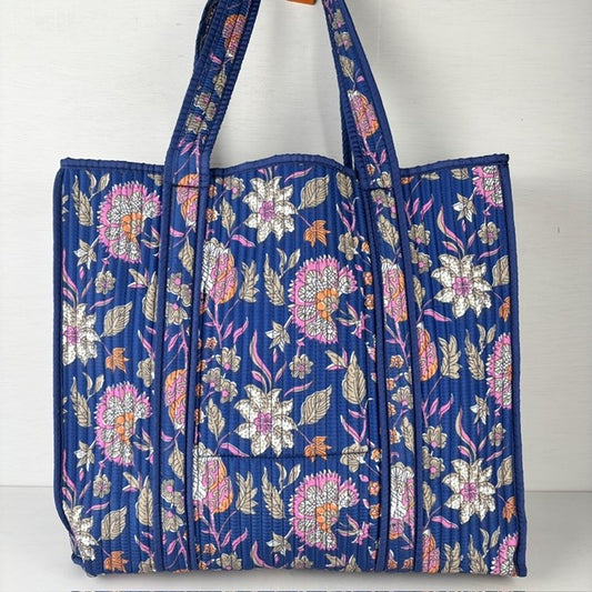 Reversible shopper bloemenprint & blauwe strepen