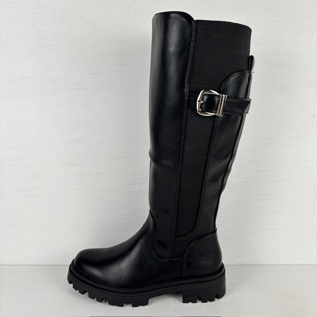 Stoere leatherlook laarzen met elastiek en gespje zwart