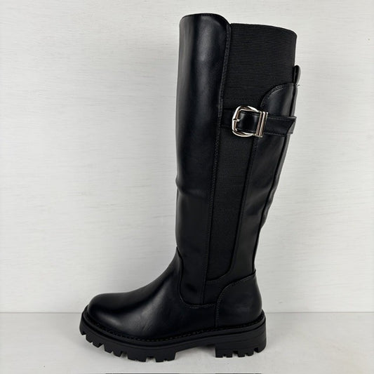 Stoere leatherlook laarzen met elastiek en gespje zwart