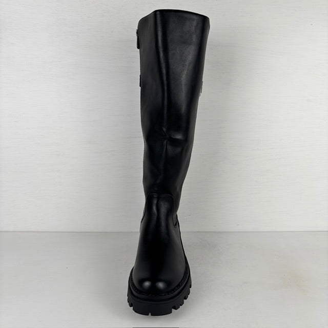 Stoere leatherlook laarzen met elastiek en gespje zwart