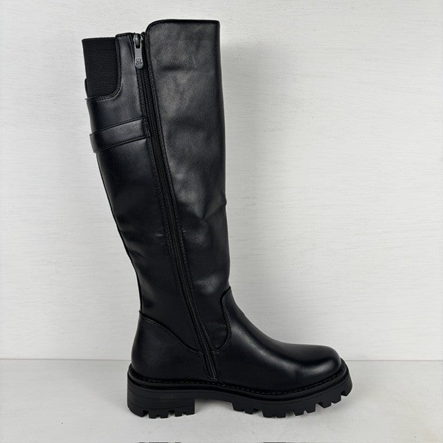 Stoere leatherlook laarzen met elastiek en gespje zwart