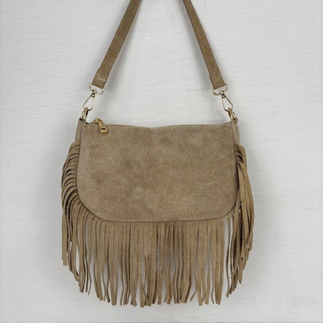 Real leather tasje met franjes beige
