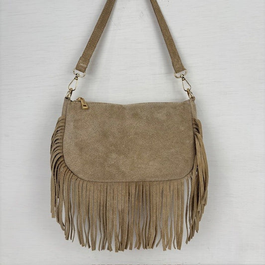 Real leather tasje met franjes beige