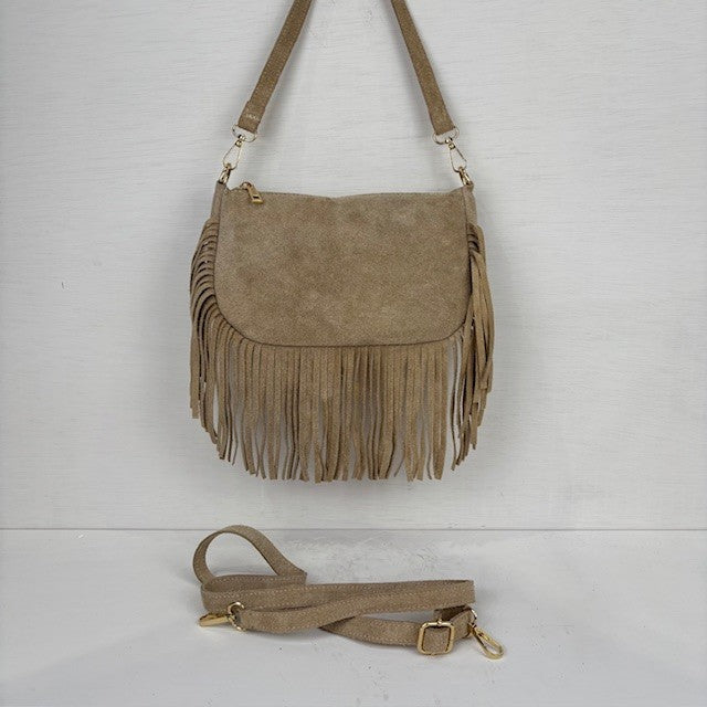 Real leather tasje met franjes beige