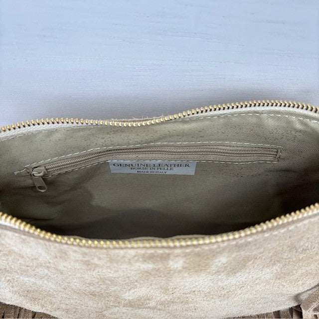 Real leather tasje met franjes beige