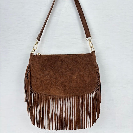 Real leather tasje met franjes bruin