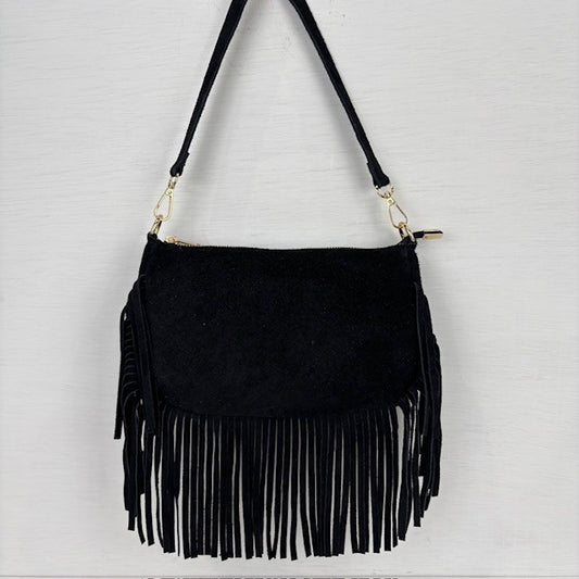 Real leather tasje met franjes zwart